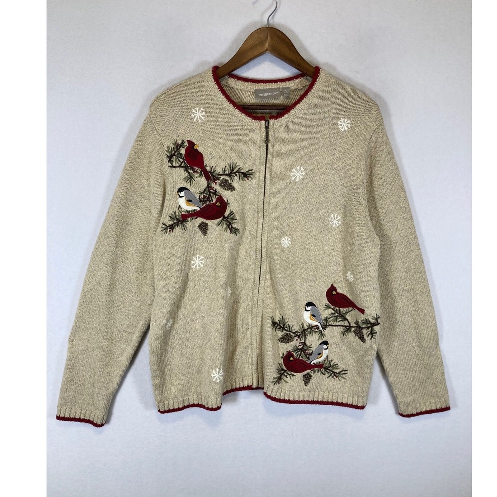 Cabincore Croft & Barrow Women XL Silk Blend Bird Embroidered Zip Front Cardigan - Picture 2 of 12